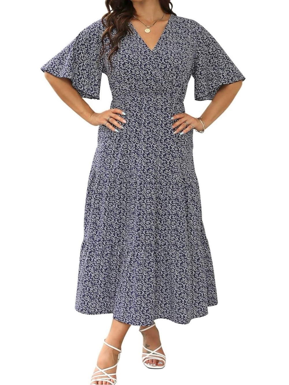 Keluummi Blue and White Floral Short Flutter Sleeve Tiered Dress